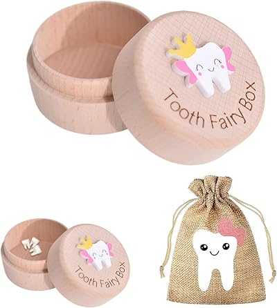 halit Tooth Fairy Box with Fairy Bag 3D Tooth Carved Wood Keepsake