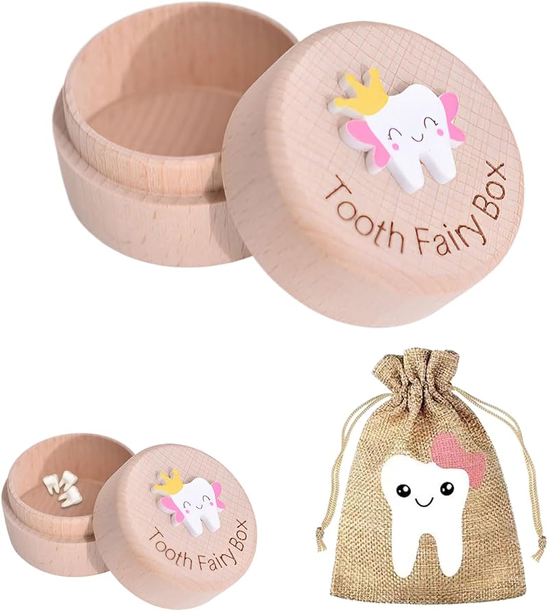 halit Tooth Fairy Box with Fairy Bag 3D Tooth Carved Wood Keepsake