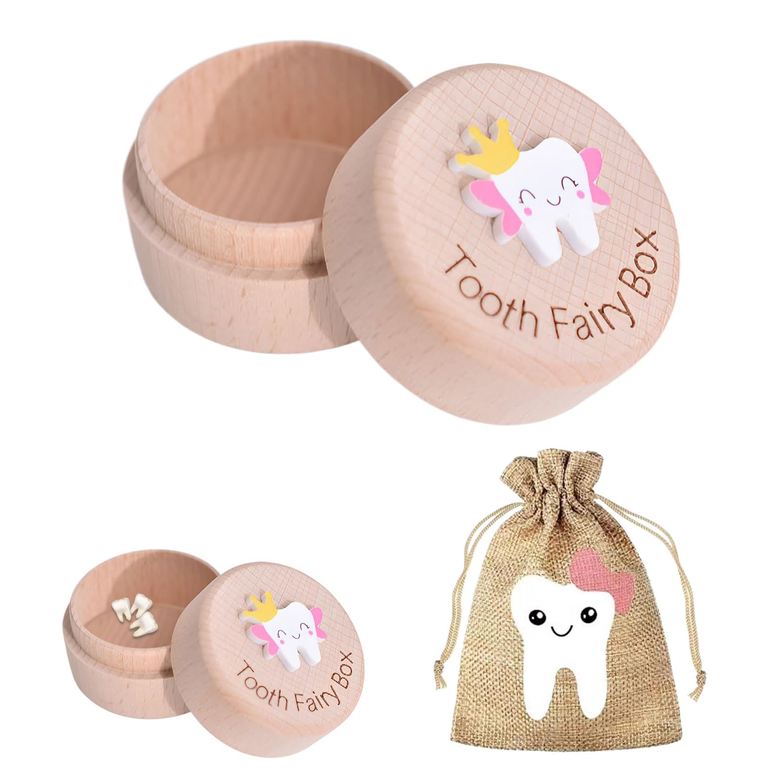 Tooth Fairy Box, 1 pcs Tooth Box with 1 pcs Fairy Bag, 3D Carved Wooden Teeth Keepsake, Teeth Pouch Holder for Girl, for Kids with Storage Bag Gift