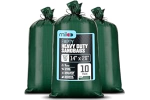 MILOO Green Heavy Duty Sand Bags for Flooding - 50 lb Empty 10 Pack of Sandbags with Tie Strings for Flood Control - 1600 Hours of UV Protection Woven Polypropylene Bags - 14 x 26 Inches