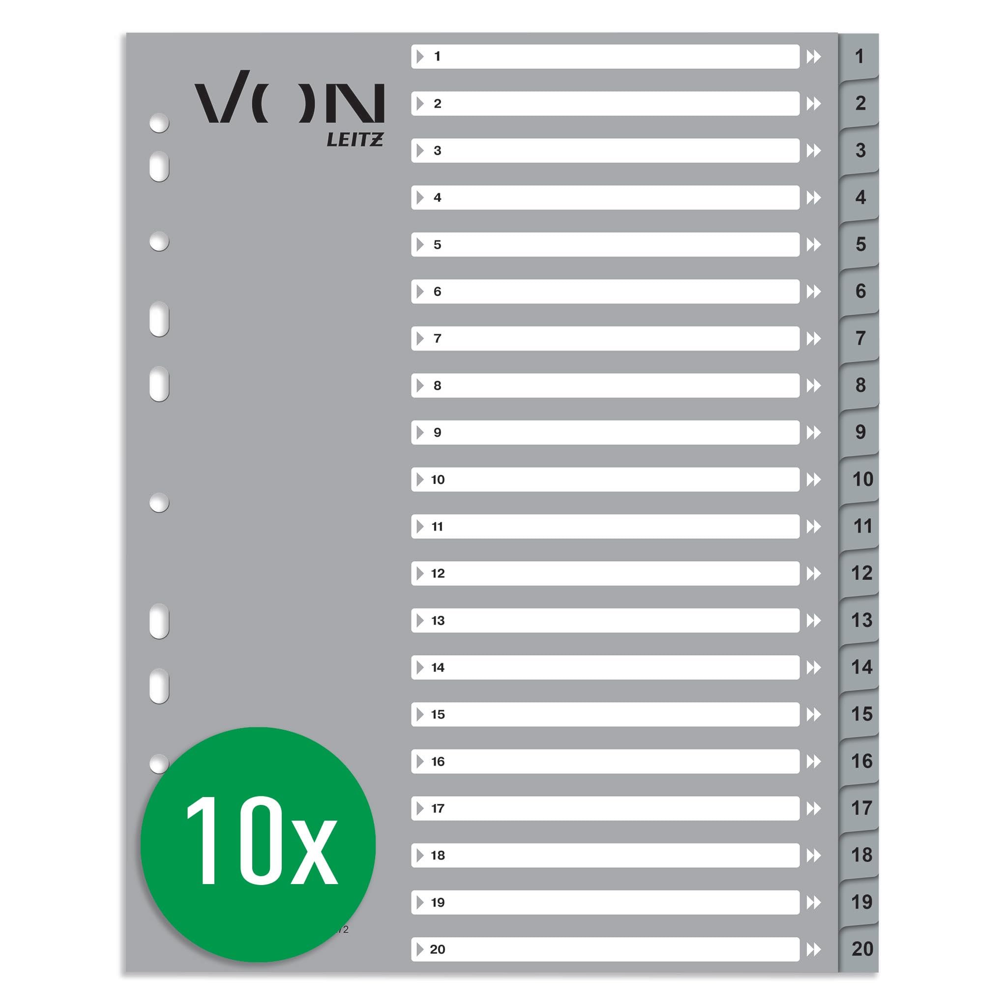 VON Leitz Pack of 10 A4 Number Indexes, 1-20 Numbered Dividers for Folders, Polypropylene, Extra Wide, 11-Hole Universal Index for Loose Leaf Folders and Ring Binders, Grey, 12720085