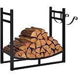 Firewood Rack Indoor Outdoor, 3ft Log Rack Fire Wood Holders Storage Carrier by Patio Guarder, Heavy Duty Steel Log Holder with Kindling Holder for Backyard Garden Firepit Fireplace, Black