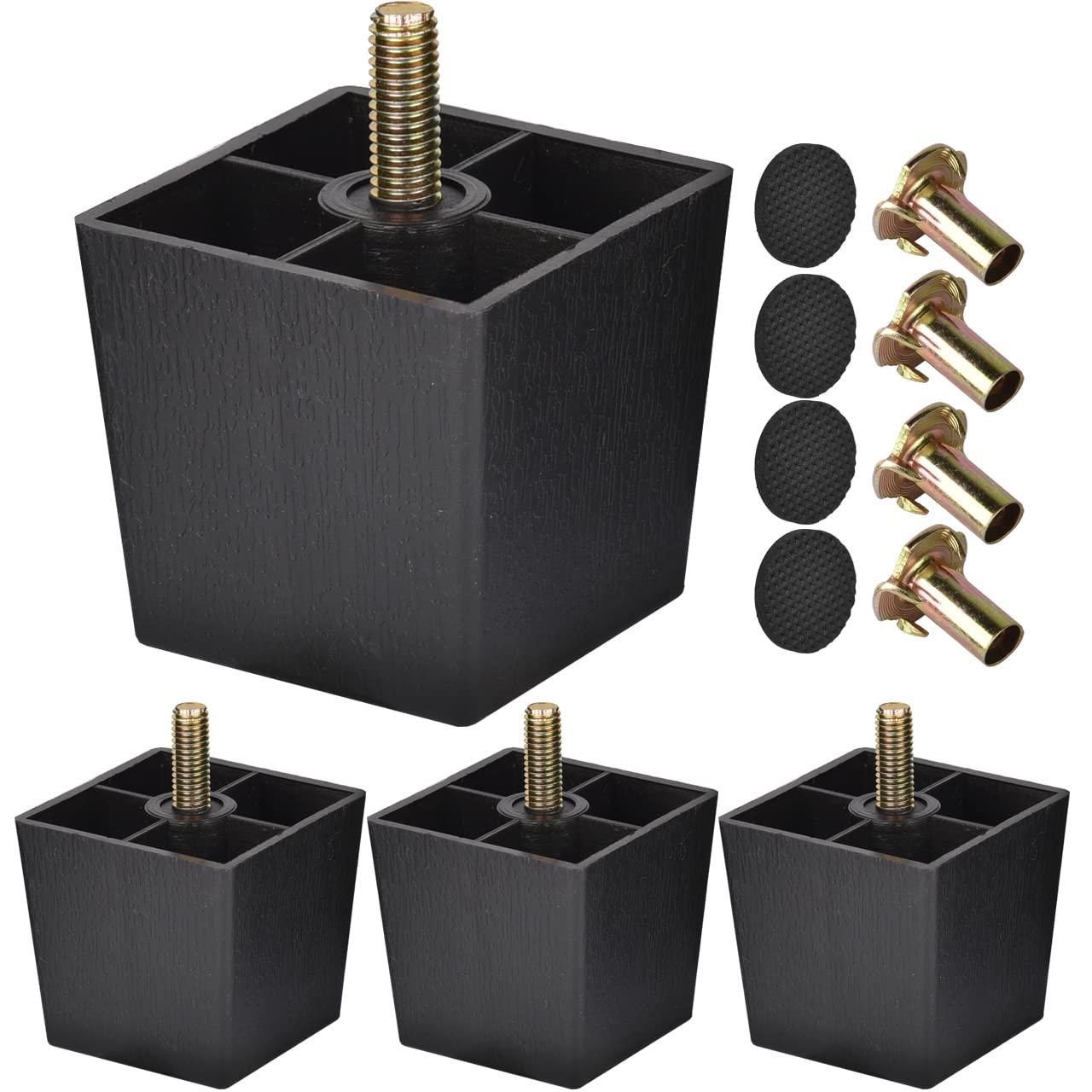 TCHOSUZ 2 inch / 5cm Plastic Furniture Legs, Pack of 4 Mid Century Modern Plastic Light Pyramid Wood Grain Replacement Feet with M8 Hanger Bolts & T-Nuts for Sofa Couch Bed Riser — image 1