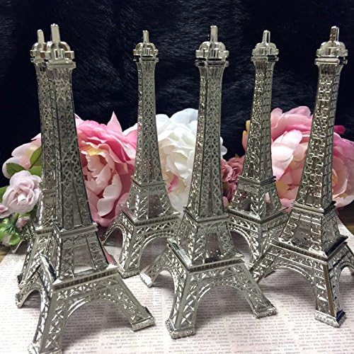7 Inch (18cm) Metal Eiffel Tower Statue Figurine Replica Cake Topper Pack of 6 (Silver)