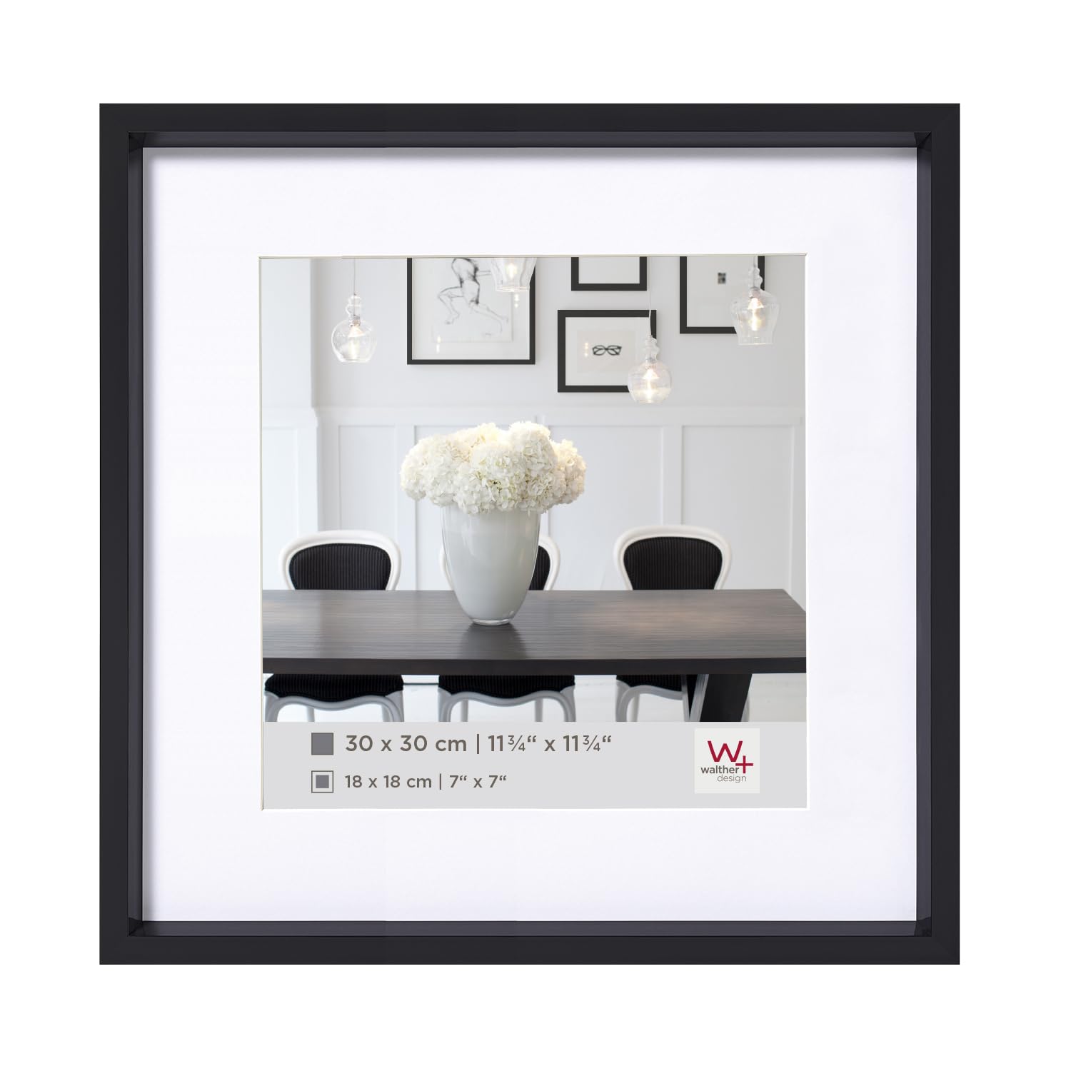 walther design Picture Frame Black 20 x 20 cm with PassepArtout, Steel Style Plastic Frame ES220B