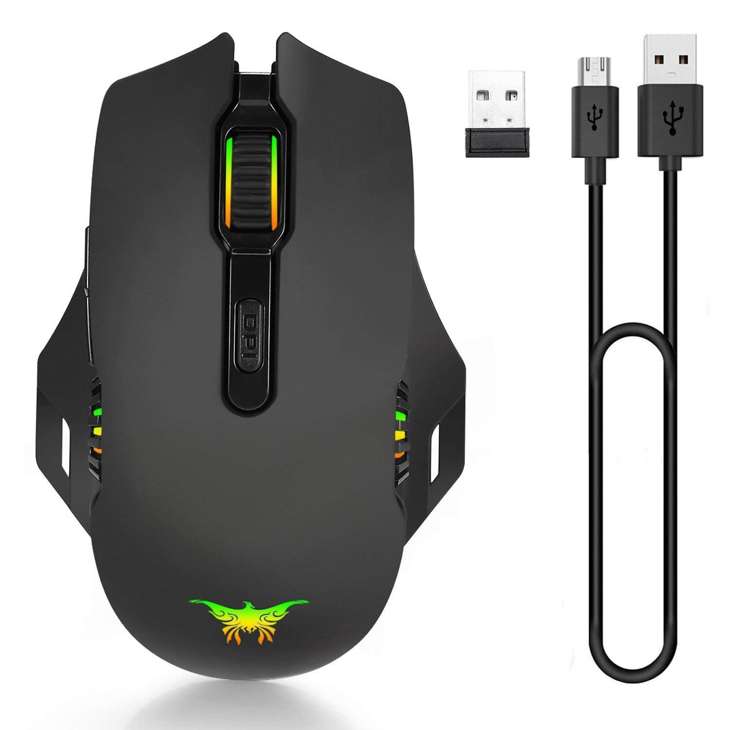 Wireless Mouse Mactrem W200 Rechargeable Battery 4 DPI levels gaming mouse for Mac ,Windows2000/XP/ME/VISTA/WIN7/WIN8/Sensitivity 7 Buttons Lighting in 6 Colours for PC and WIN10 (Black)