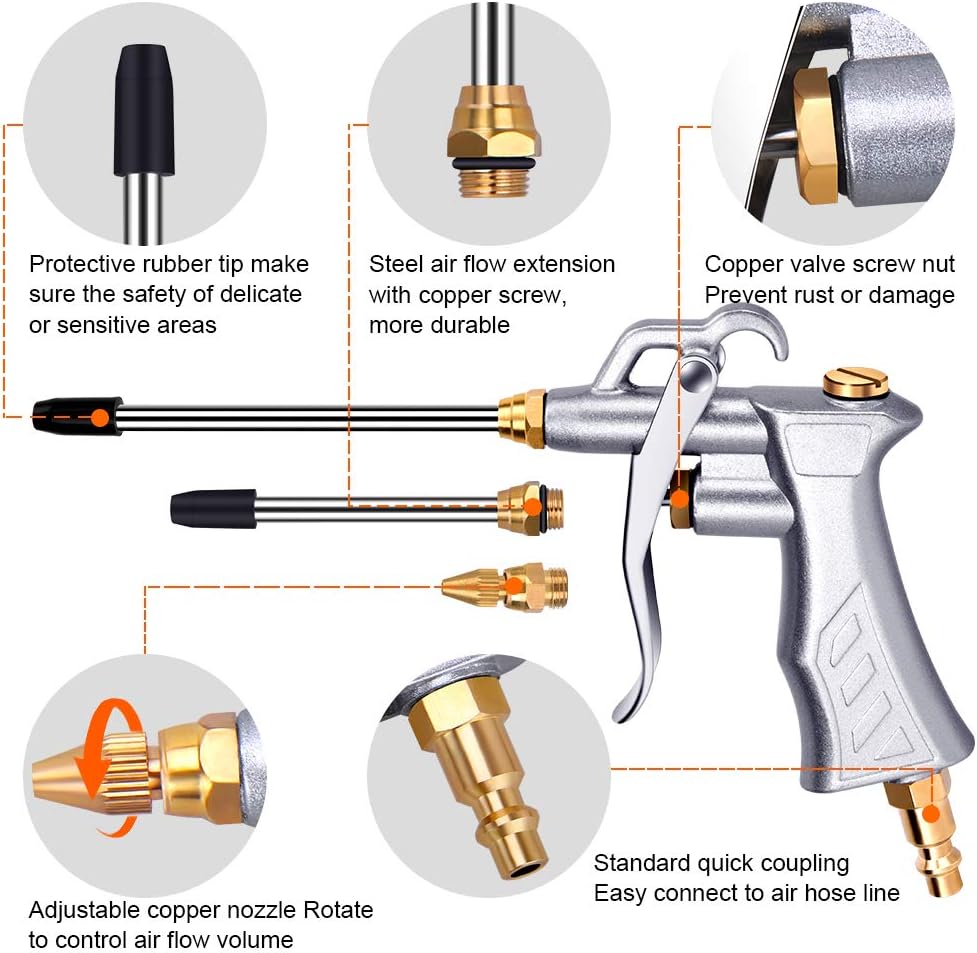 Professional Air Blow Gun with Copper Adjustable Air Flow Nozzle and 2 Steel Air flow Extension, Pneumatic Air Compressor Accessory Tool Dust Cleaning Air Blower Nozzle Gun - - 