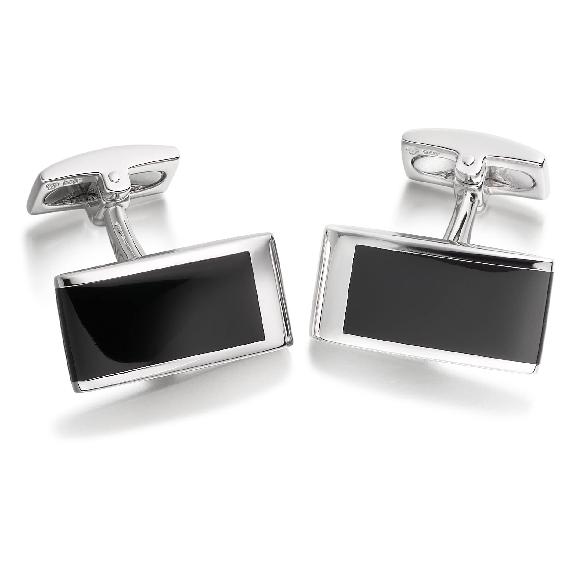 Hoxton London Men's Sterling Silver and Onyx Rectangle Cufflinks