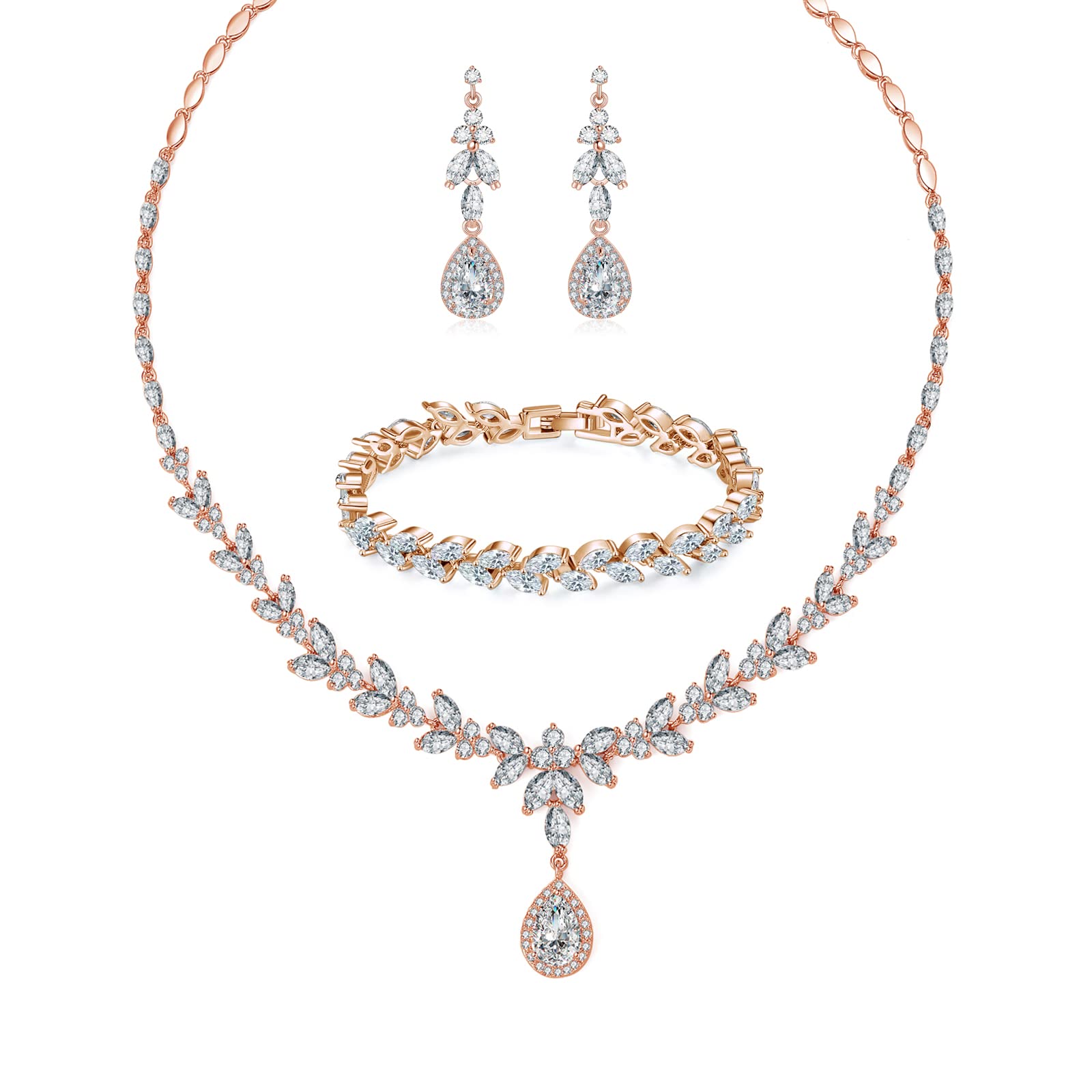Zolkamery Bridal Jewellery Sets for Women, Bracelet Necklace and Earring Sets with Cubic Zirconia, Rose Gold Sparkle Briolette Jewellery Set, Wedding Set Jewellery for Bride