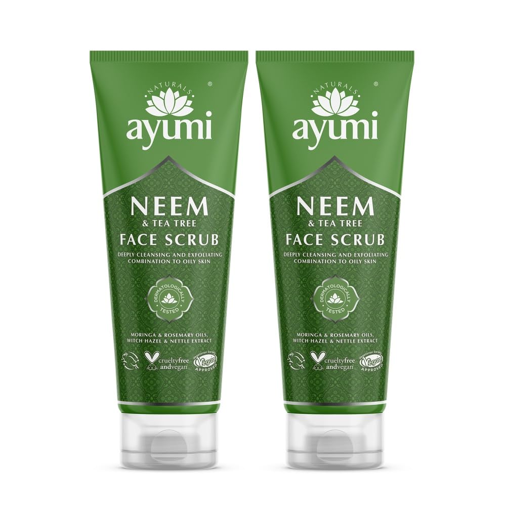 Ayumi Neem Face Scrub for Acne Treatment | Oily Skin Face Scrub with Witch Hazel | Exfoliating Scrub with Tea Tree Oil | Hydrating Scrub with Moringa Oil | Women & Mens FaceScrub | 2x 125ML