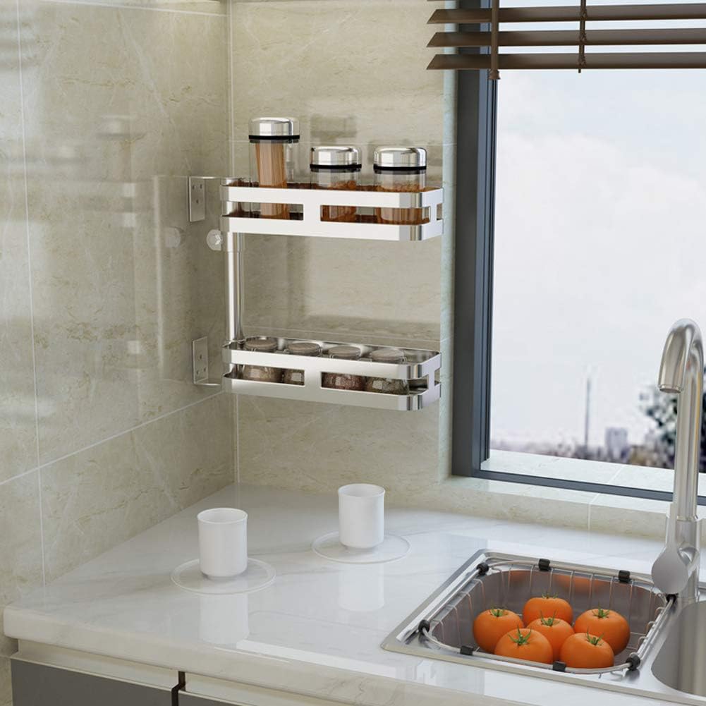 CJCSPFAI Multi-Layer Adjustable Spice Rack Stainless Steel Cutlery Holder Kitchen Multifunction Large Wall Rotatable Can Organiser for Herbs/Spices Jars/Bottle - Silver