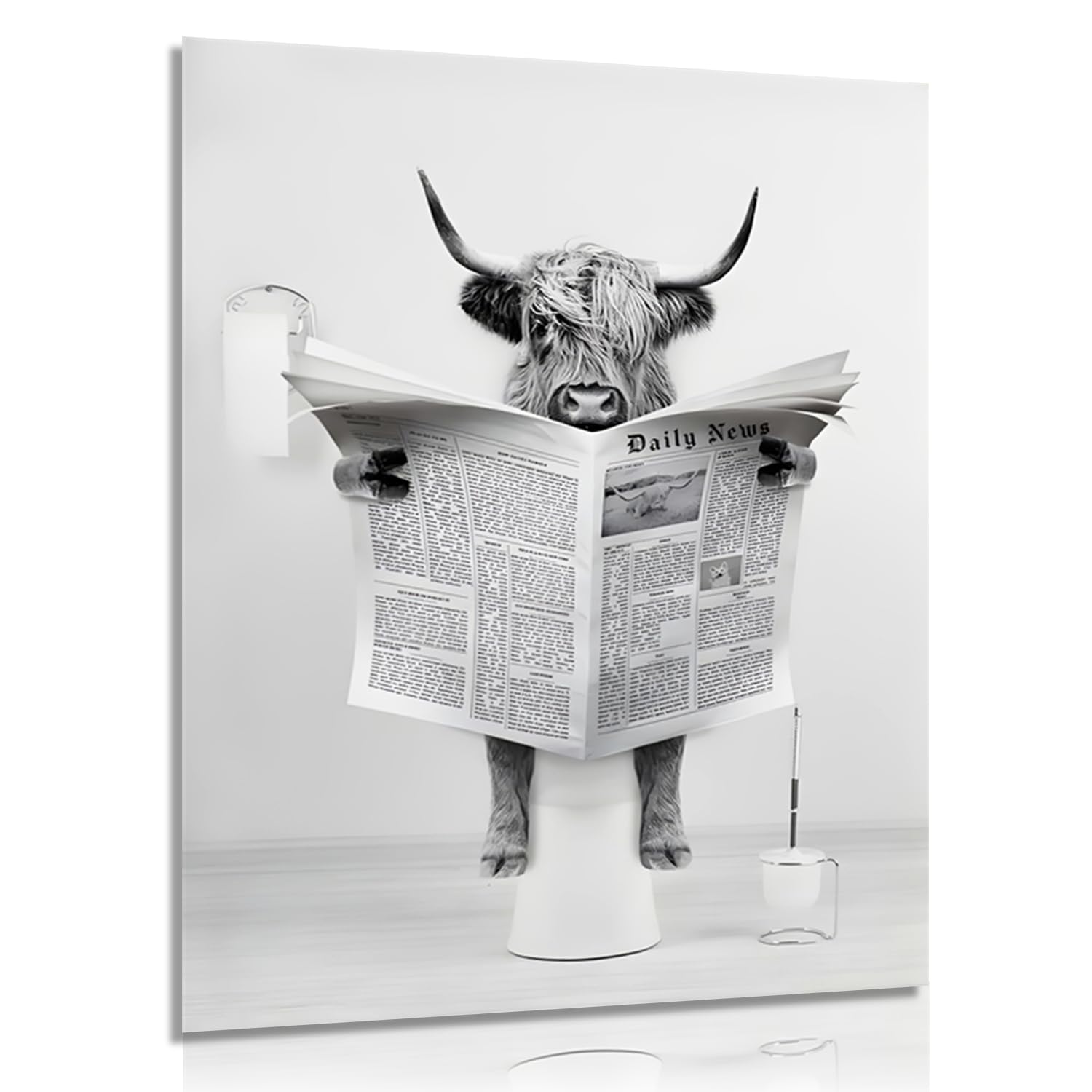 Dazzlewall Highland Cow Wall Art Poster Funny Cow on Toilet Read Newspaper, Black and White Humor Wall Picture for Bathroom Toilet Decor 12x16 in Unframed