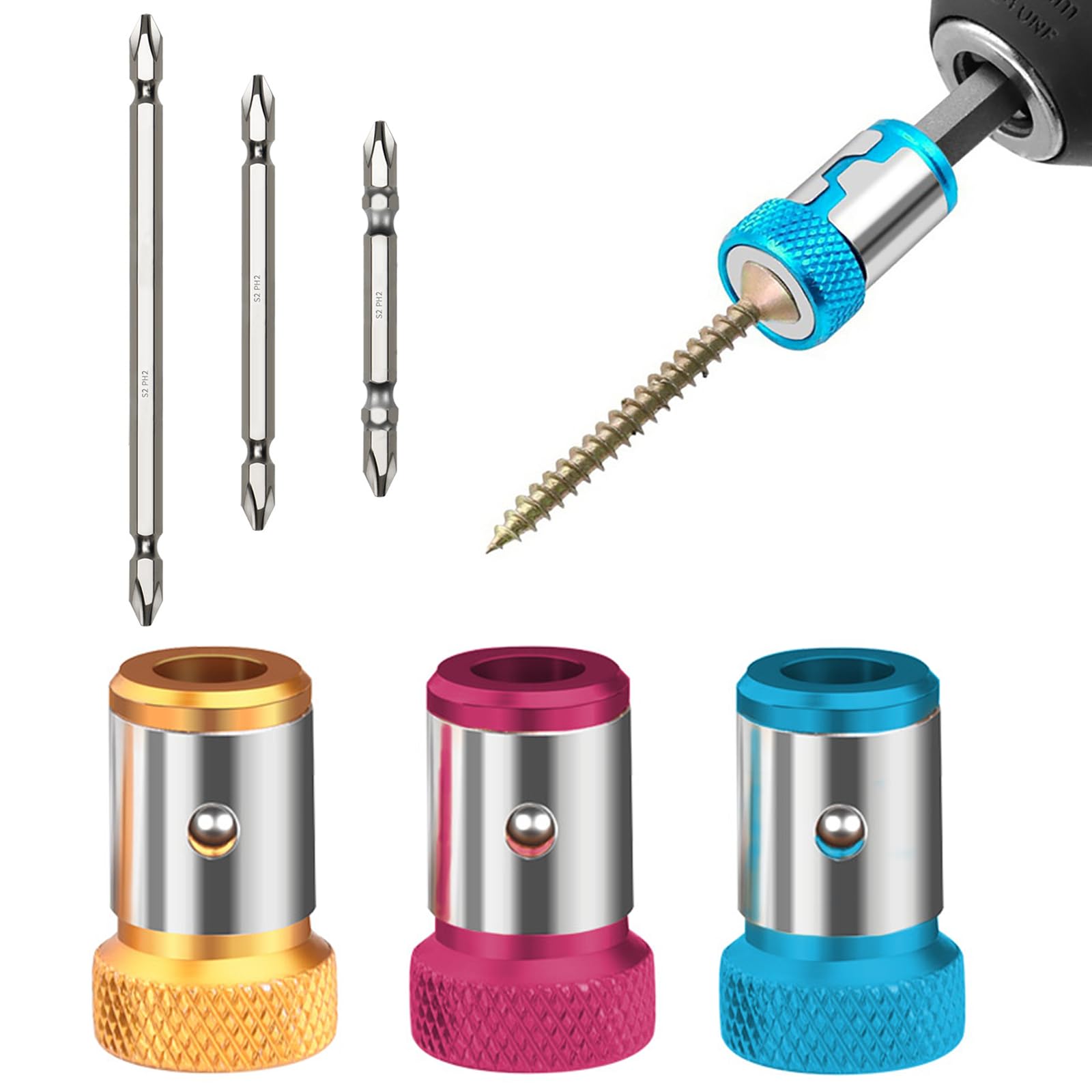 6 PCS Universal Magnetic Screw Holder Rings Alloy Removable Magnetizer Screwdrivers Ring for 1/4 Inch / 6.35 mm Hex Screwdriver and Power Bits with 3Pcs Double End Screwdriver Bits 15cm/10cm/6.5mm