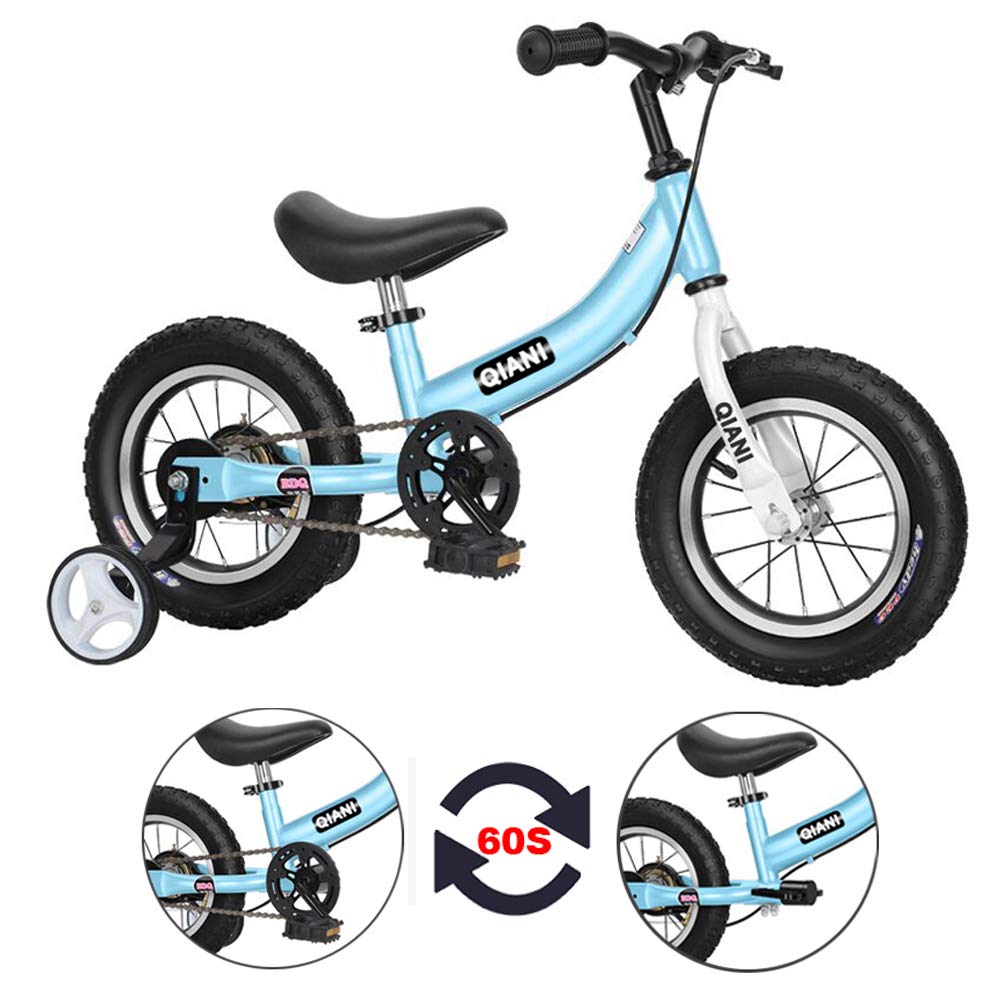 Qiani Balance Bike 2 in 1 for Toddlers,Kids 2 3 4 5 6 7 Years Old,Balance to Pedals Bike,12 14 16 inch Kids Bike,with Pedal kit,Stabilisers,Brakes (Blue, 14 inch) — image 1