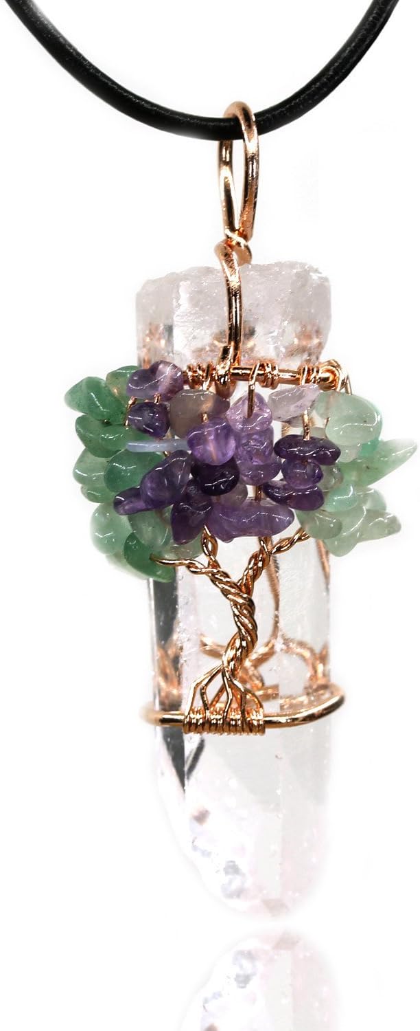 Gem Semi Precious Gemstone 50mm Tree of Life Wire Wrapped Natural White Clear Quartz Chakra Pendant Necklace 18 Inch
