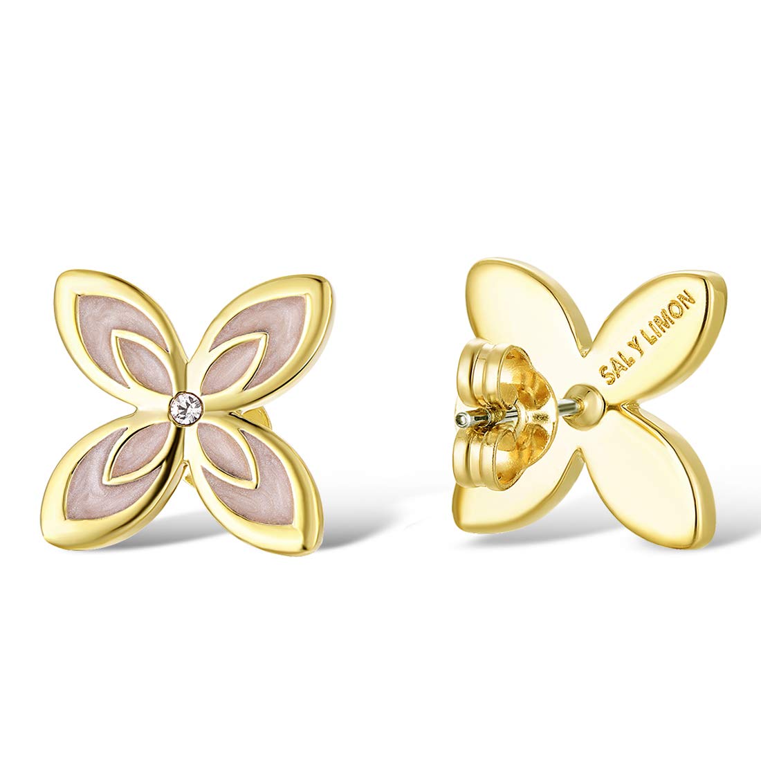 Santuzza Clover Stud Earrings Yellow Gold Plating Cubic Zirconia Earrings Brass Hypoallergenic Stud Earrings Enamel Ear Accessories for Women Girls(Pink)