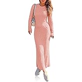Wenrine Womens Sweater Maxi Dress Long Sleeve Knit Ribbed Crew Neck Slim Fit Casual Fall Long Dresses