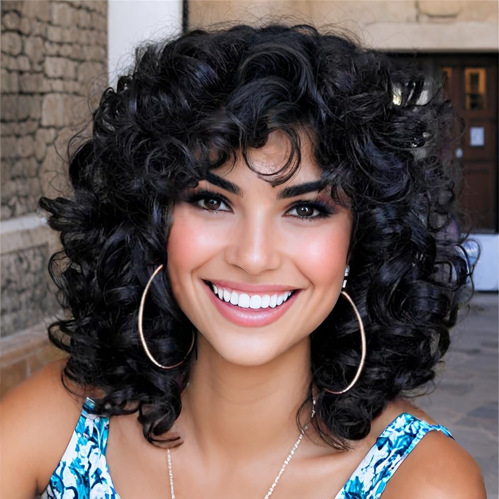 PORSMEER Black Curly Wigs for Women Synthetic Hair Natural Loose Curly Afro Kinky Medium Wavy Bob Wig Black Women for Costume or Daily Wear — image 1