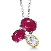 Gem Stone King 925 Silver and 10K Yellow Gold Red Ruby and White Moissanite Pendant Necklace For Women (3.10 Cttw, Oval 8X6MM, 7X5MM and 6X4MM, Gemstone July Birthstone, with 18 Inch Chain)