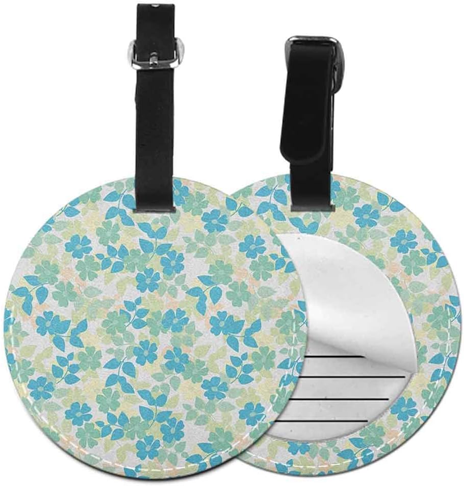 Multi-patterned round luggage tag Flower Suitable for travel Flowers Leaves Vintage Style Classic Nostalgia Summertime Art，Diameter3.7" Almond Green Pale Yellow Blue