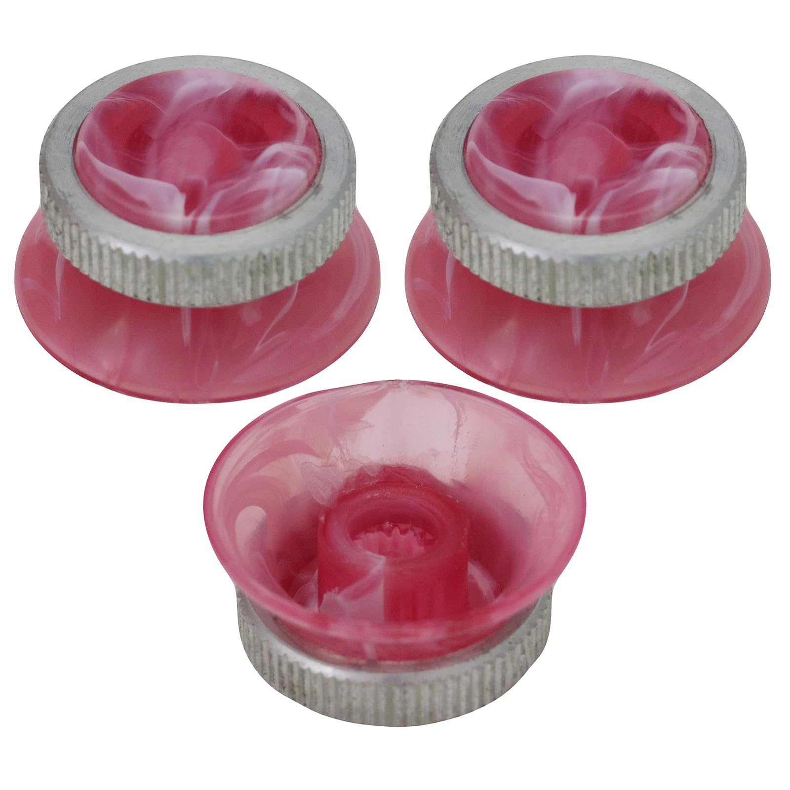 Pack of 3 6mm Splined Hole UFO Marbled Guitar Tone/Volume Knob With Knurled Aluminium Grip Ring (Pink)