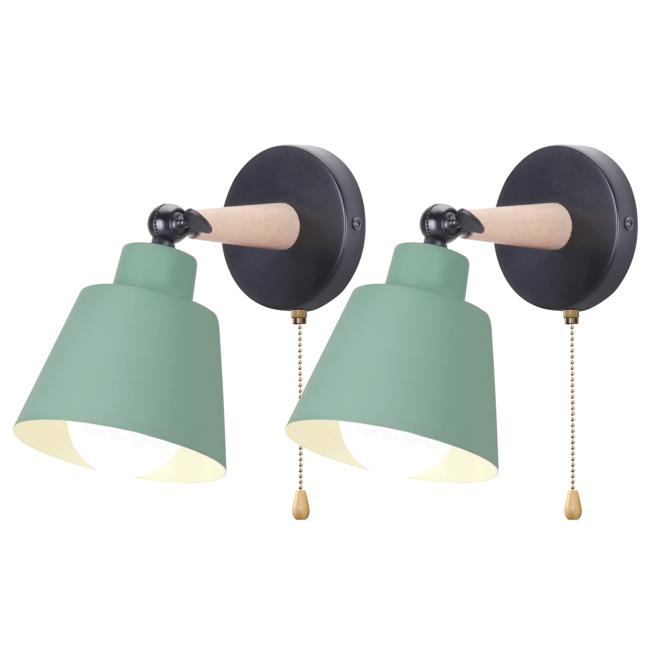 iDEGU Set of 2 Retro Vintage Wall Sconces E27 Industrial Ceiling Light Wood and Metal Adjustable Interior Wall Lamp with Switch Modern for Bedroom Entrance Living Room (Green)