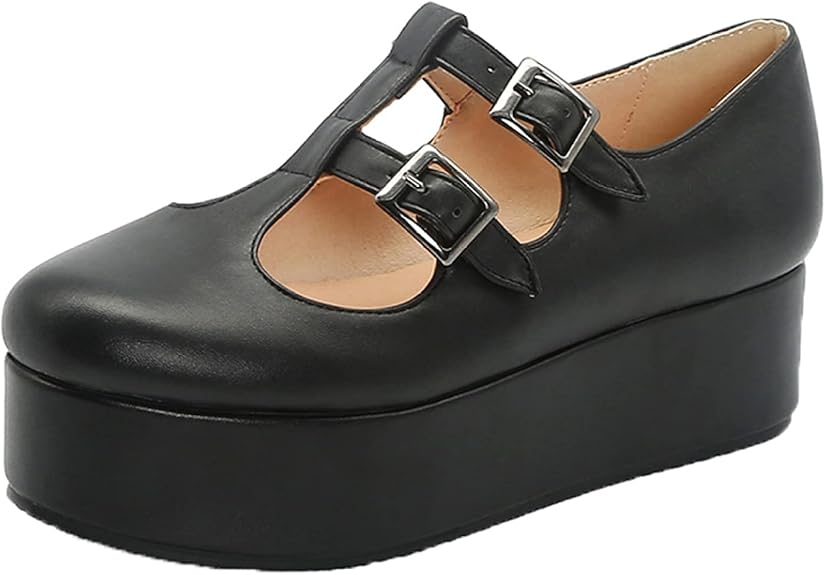 Women Mary Jane Shoes TBar Double Buckle Strap Retro Round Toe Leather