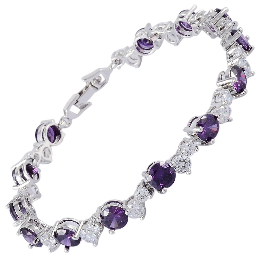 RIZILIA Tennis Bracelet [19cm/7.5inch] with Round Cut Gemstones CZ [Purple Amethyst] in 18K White Gold Plated, Simple Modern Elegance