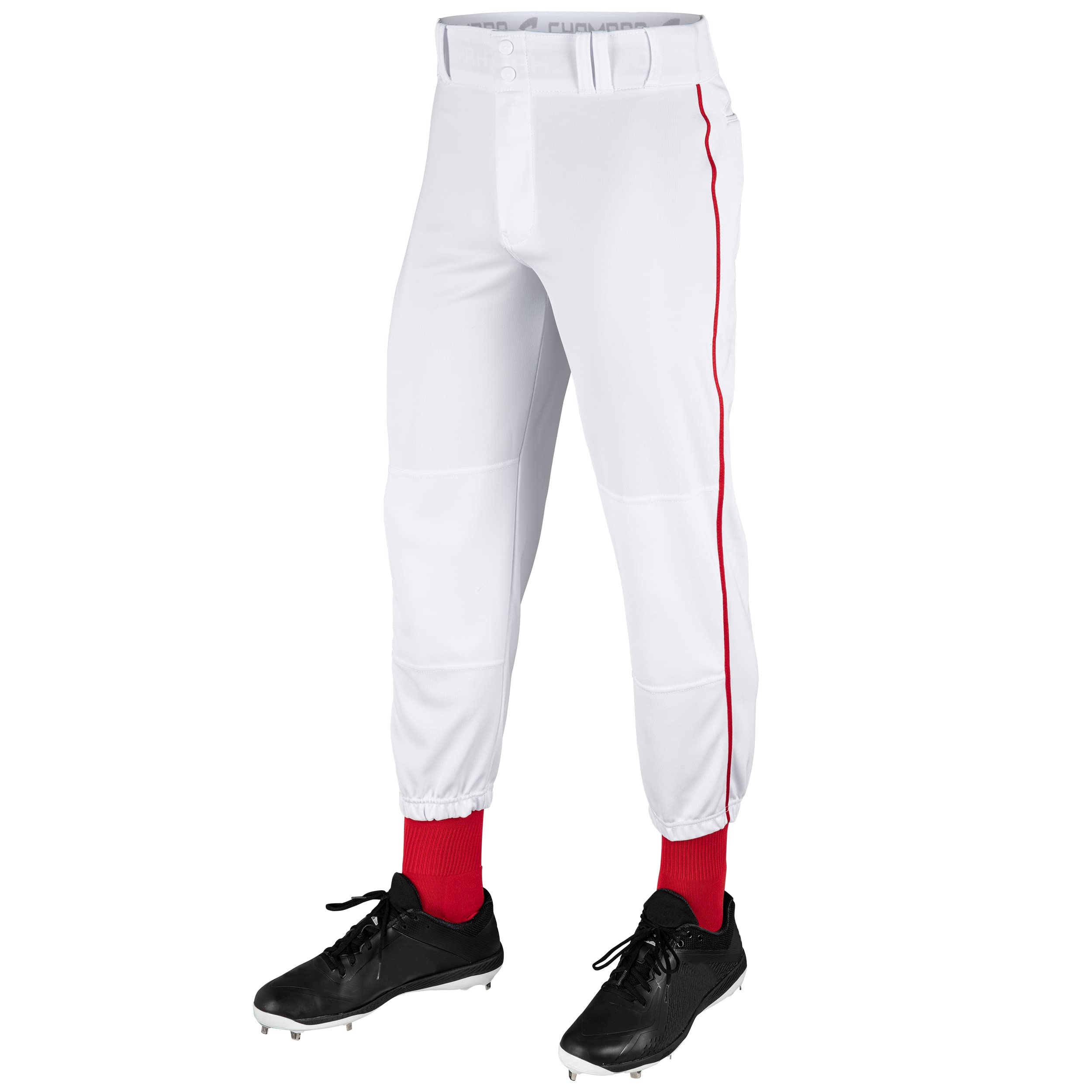 Champro Pantalones de béisbol clásicos de triple corona de ajuste tradicional con ribetes trenzados de color en contraste y áreas deslizantes reforzadas, blanco, pin escarlata, grande