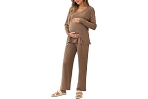 FMEYOA Women's Maternity Pajamas Sets 2 Piece Ribbed Outfits Long Sleeve V Neck Pullover and Long Pant Pregnancy Loungewear