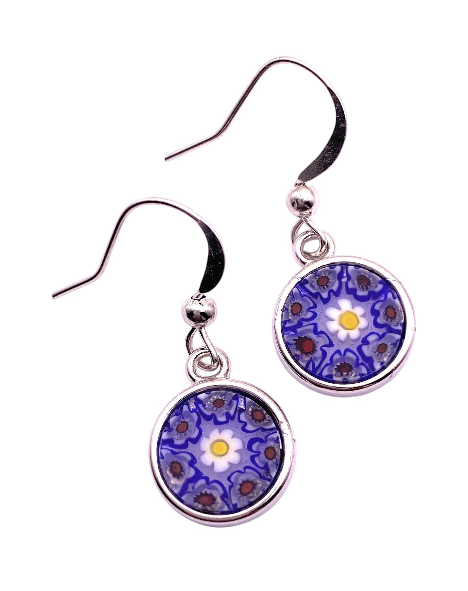 Murano Glass Earrings, Handmade Millefiori Glass Dropper Earrings, Murano Glass Jewellery, Silver Plated Drop Earrings, 1cm/10mm