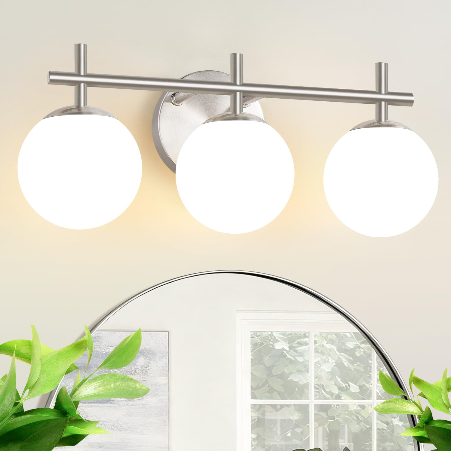 Photo 1 of 3-Light Bathroom Light Fixtures, Brushed Nickel Vanity Lights for Bathroom with Milky White Ball Shades, 18.9 inch Bathroom Lighting Fixtures Over Mirror, Wall Sconce for Bedroom (Exclude G9 Bulb)