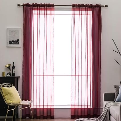 Miulee 2 Panels Solid Color Sheer Window Curtains Elegant Window Voile Panels Drapes Treatment For Bedroom Living Room 54x96 Inches Wine Red
