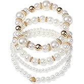 Nogeqi 4 Pcs Pearl Bracelets for Women, Elastic Gold Pearl Bracelet Stackable Women's Stretch Bracelets for Bridesmaid Lady Faux Pearls Bridal Bracelet Wedding