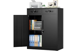 Greenvelly Metal Storage Cabinet, 36" H Lockable Storage Cabinet with 2 Drawers and Adjustable Shelf, Locked Metal Cabinets for Office, Garage, Home (Black)