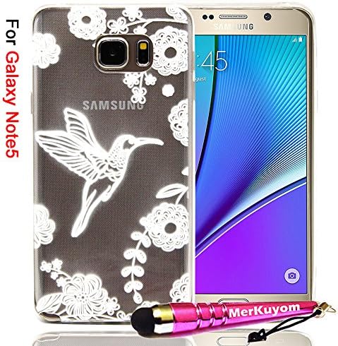 Galaxy Note 5 Case, Note5 Case , MerKuyom [White Fly Bird Flower] [Clear Transparent] [Flexible Gel] Ultra-Thin Soft TPU Case Skin Cover For Samsung Galaxy Note 5 Note5 N920,+Stylus