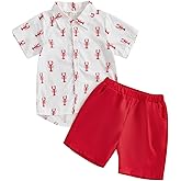 Licupiee Toddler Baby Boy Lobster Outfits 2Pcs Sea Animal Summer Clothes Sets Short Sleeve Button Down Shirts and Shorts Set