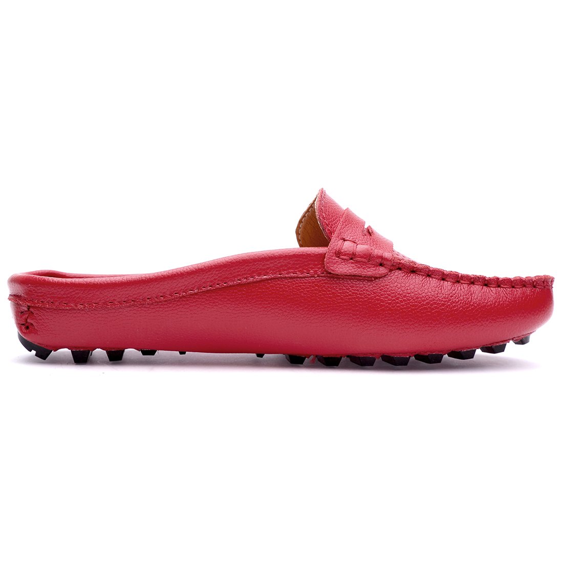 SUNROLAN 20133hong40 Women\'s Leather Casual Summer Breathable Slip-On Backless Slipper Mule Loafer Flats Shoes Hollow Out Red