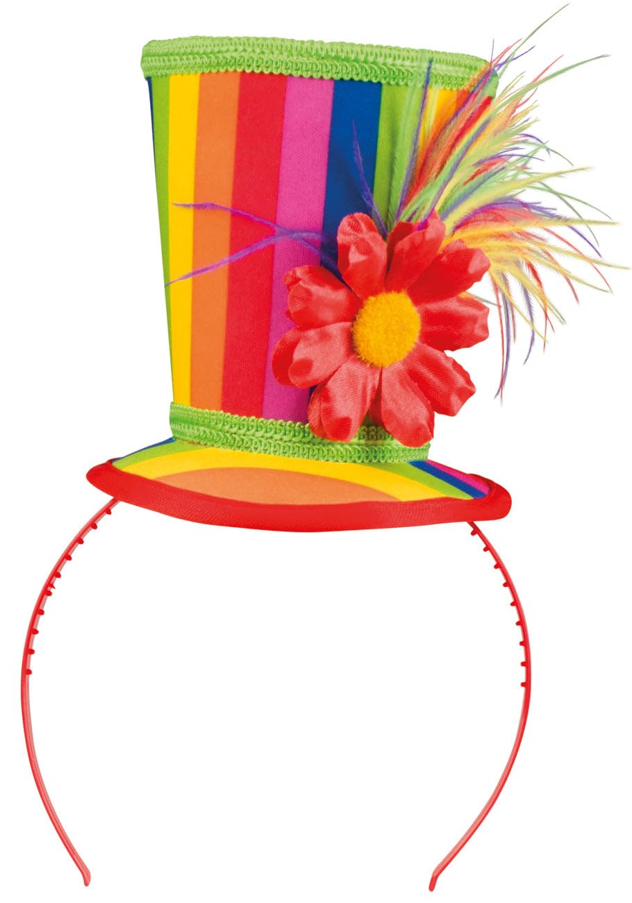 Boland Blossom Headband – Rainbow Mini Top Hat with Flower & Feathers on Red Hairband – Fun Fancy Dress Costume Accessory for Adults