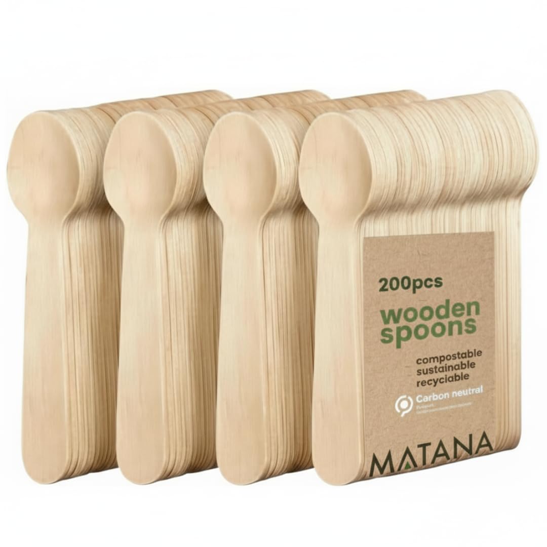 MATANA 200 Premium Wooden Spoons - 16 cm Birch Wood, Smooth & Splinter-Free, Plastic-Free Party Cutlery for BBQs, Picnics, Weddings & Catering - Compostable and Biodegradable