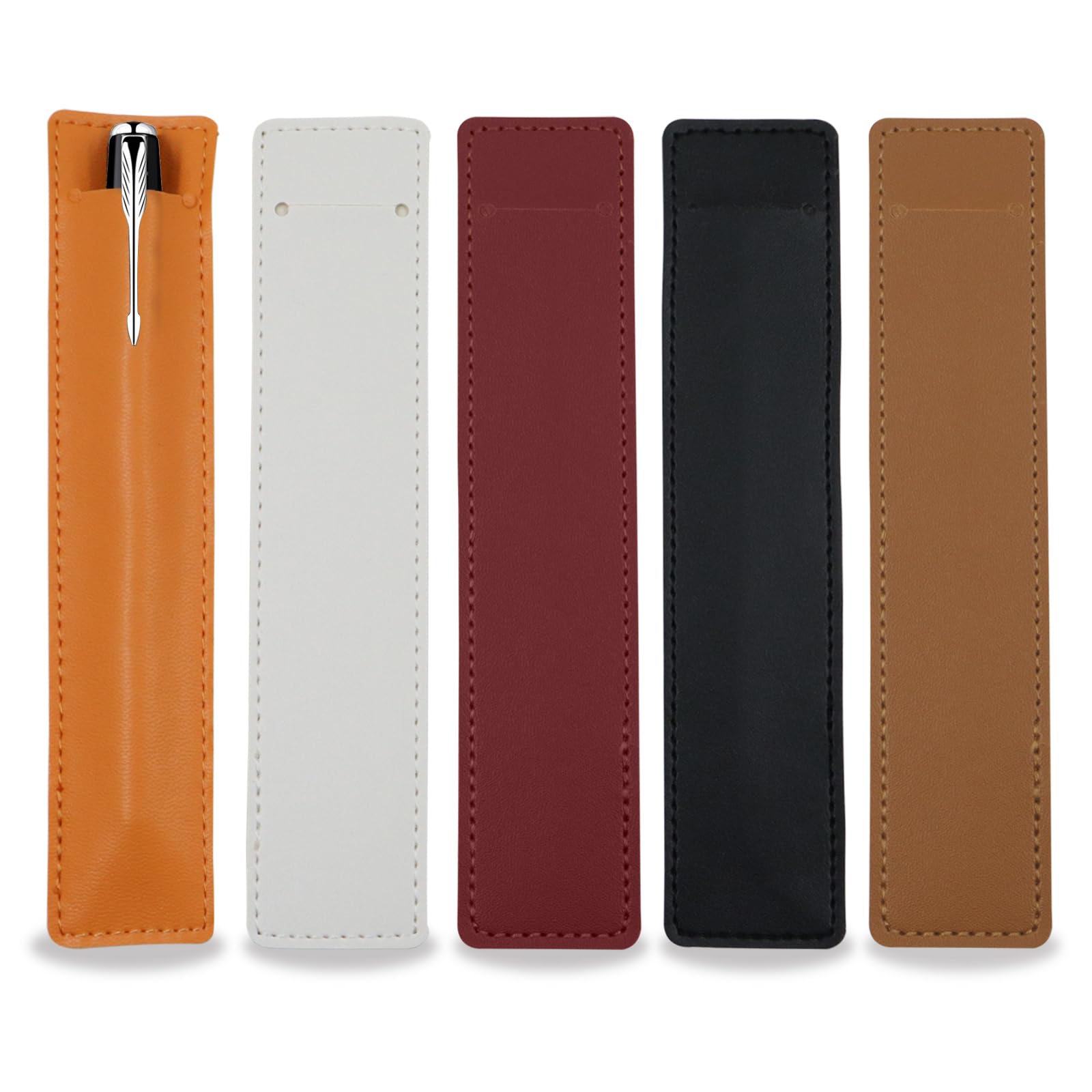 Fatiya 5Pcs Leather Single Fountain Pen Case, Soft Pen Sleeve Pouch for Men Women, Ballpoint Pencil Protective Cover Holder for Office, School, Business Gift (White, Orange, Black, Red, Brown)