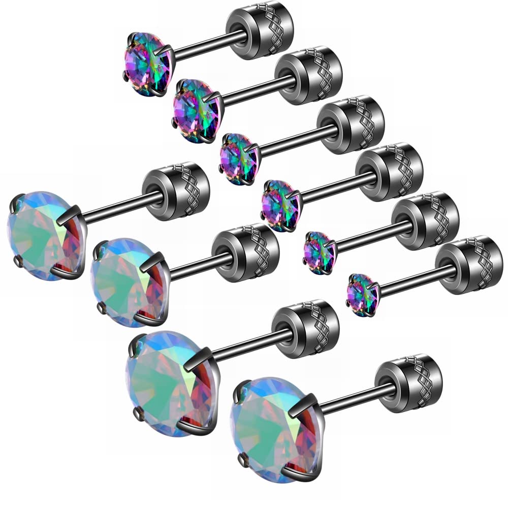 ZOCOYUU 4 Pairs Titanium Screw Back Surgical Stainless Steel Stud Earrings for Women Men,Rainbow 5A Cubic Zirconia Studs Double Side Earrings Piercing Sleeper Studs Jewelry 6mm (5 Pair Black-2-6mm)