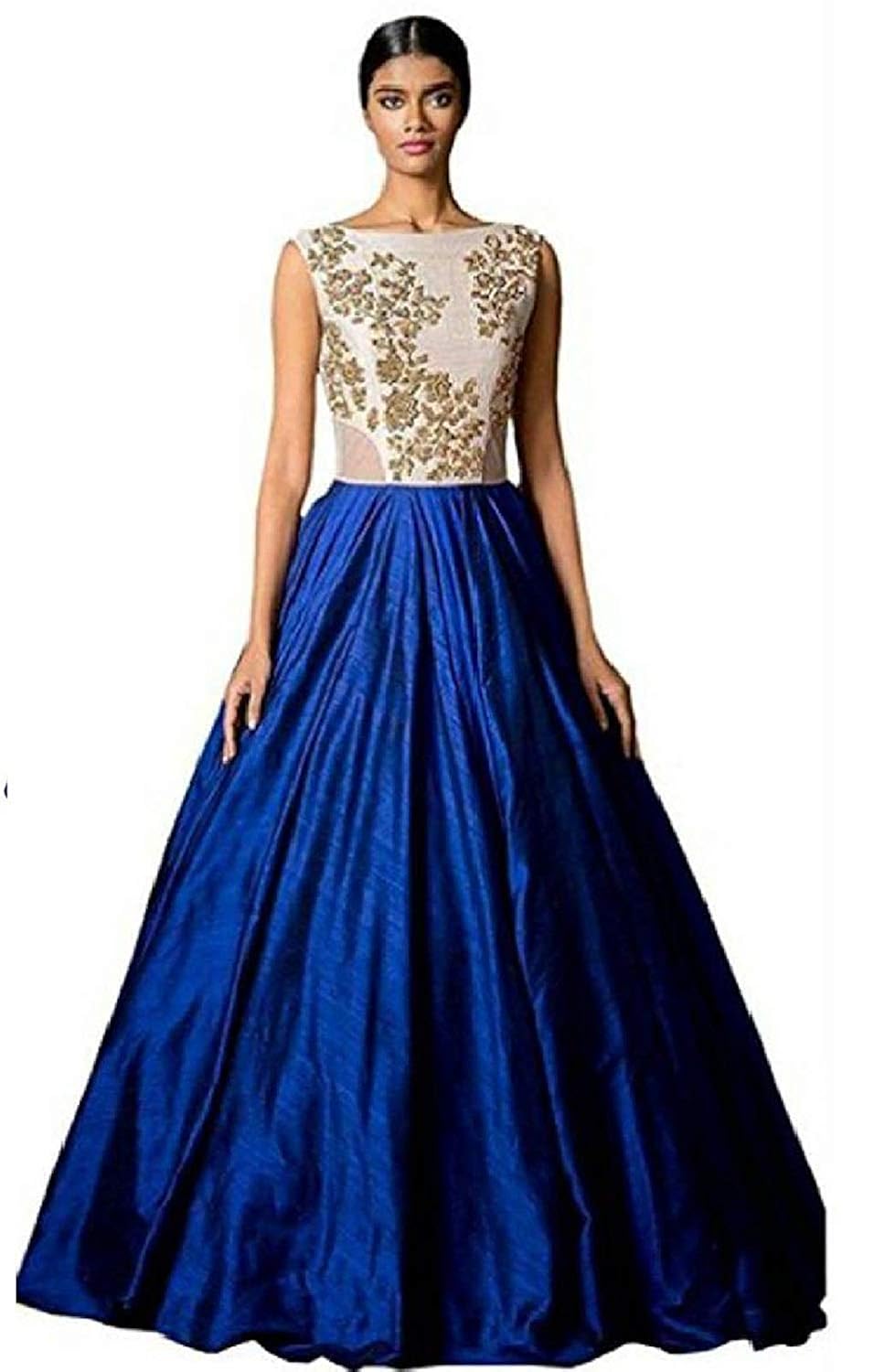 shringaar fashion&reg; plain taffeta silk gown-sf13 (free size, blue)