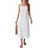 FIOPHY 100% Linen Dress Square Neck Sleeveless Spaghetti Strap Summer Casual Midi Summer Dresses with Slit
