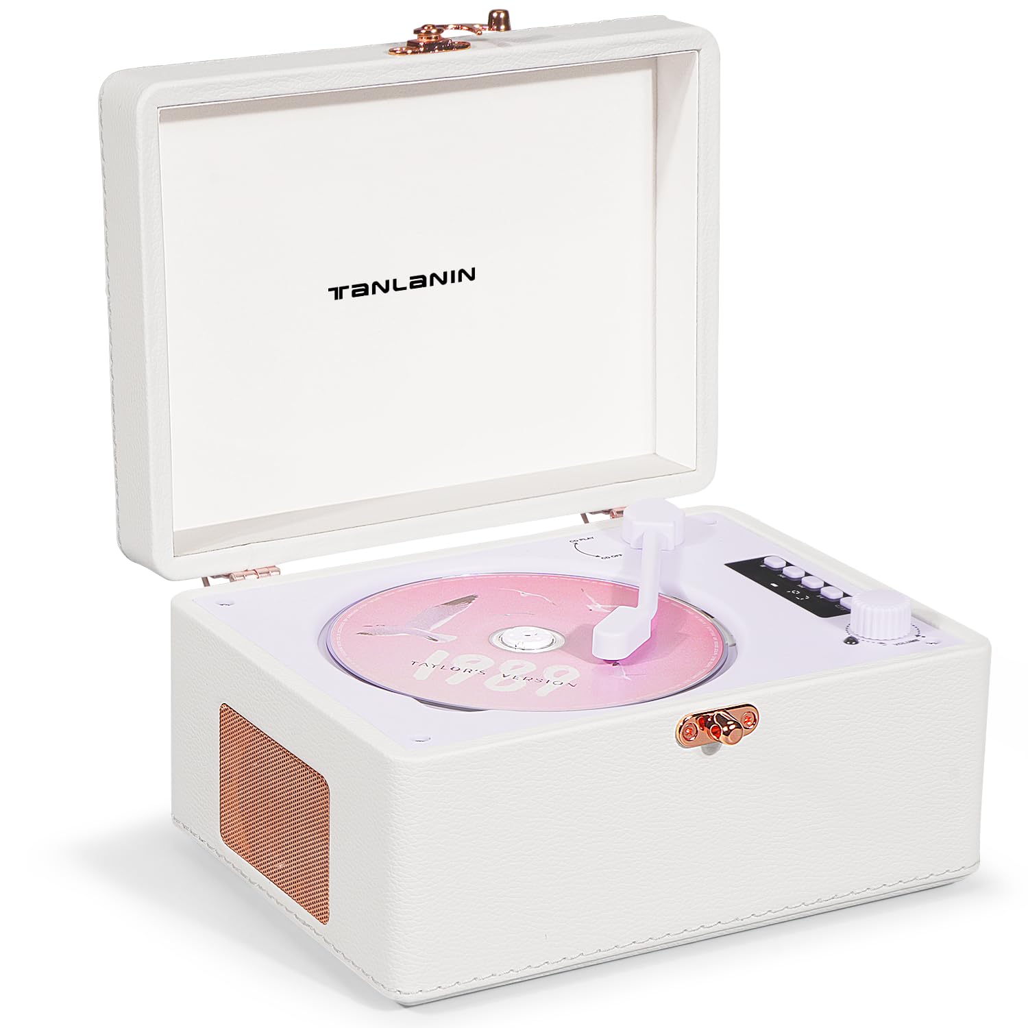 Photo 1 of Vintage Desktop CD Player with Speakers, Rechargeable Battery, Portable Retro Suitcase CD Player for Home with Bluetooth Out & Input, USB Playback, AUX-in, Headphone Jack, White