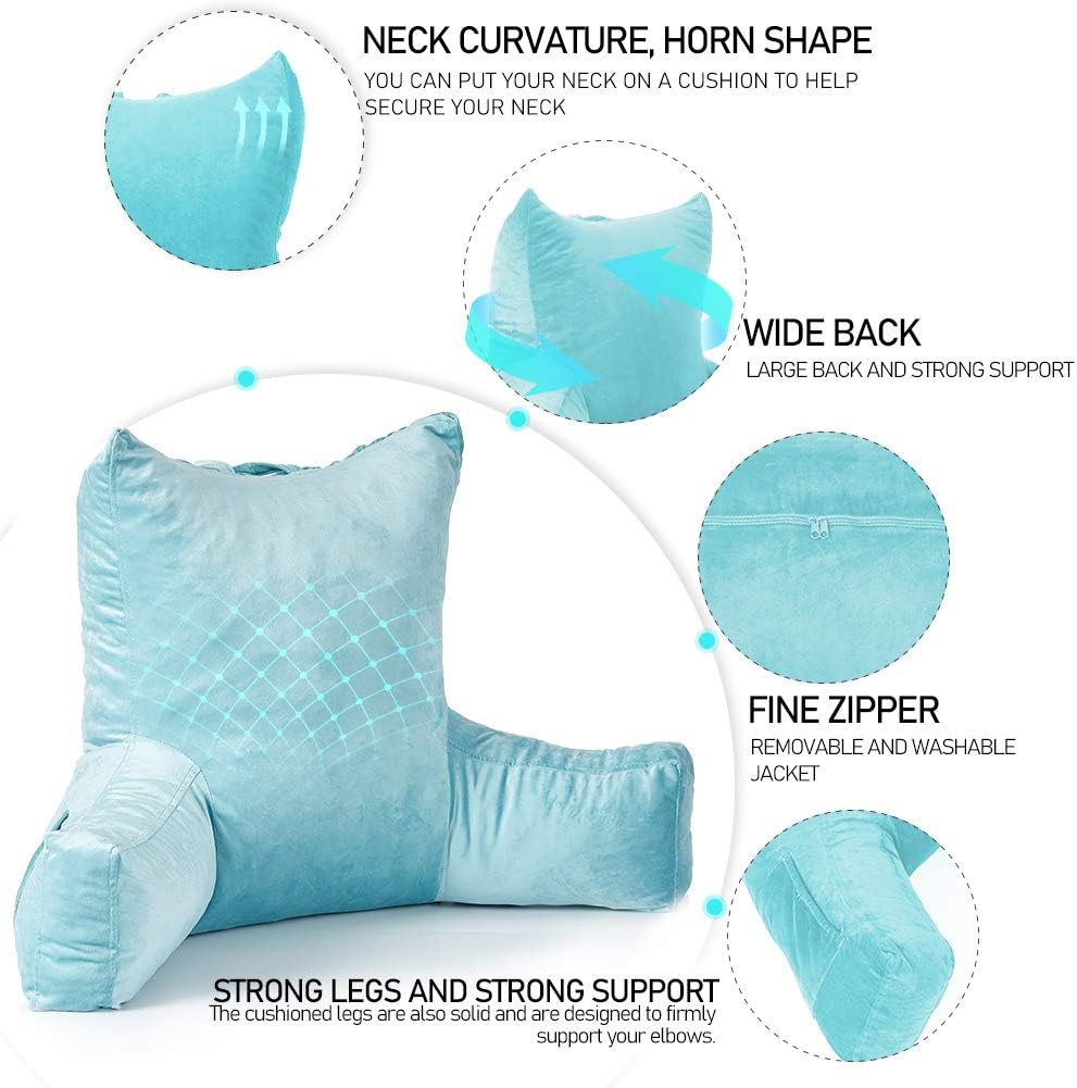 Neustern Reading Pillows with Enlarged Support Arms - Removable Backrest Cover with Pockets, Comfy Bed Rest Pillows for Bed Back Support (22 inches high) - Ideal for Adults/Teen/Kids (Blue): Home & Kitchen