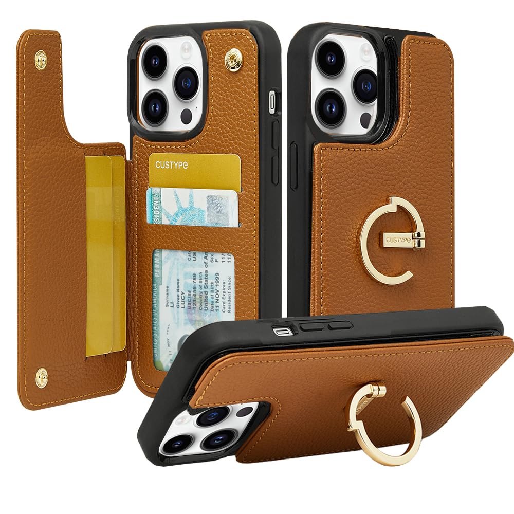 CUSTYPE for iPhone 13 Pro Wallet Case with Card Holder,180°Folding Ring Kickstand Card Slots Case with Wallet for Women and Men for iPhone 13 Pro 6.1"-Brown