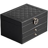 GUOER Jewelry Box for Women Girl Wife 3 Layers Large PU Leather Jewelry Organizer Storage Case with Two drawers Display for Earrings Bracelets Rings Watches (Black)
