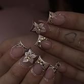 Leopard Print French Tip Press on Nails Short Square Fake Nails,3D Flowers with Gold Rhinestone Designs False Nails, 24Pcs Gl
