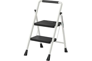 2 Step Ladder, RIKADE Folding Step Stool, Step Stool with Wide Anti-Slip Pedal, Lightweight, Portable Folding Step Ladder with Handgrip, Multi-use Steel Ladder for Household and Office